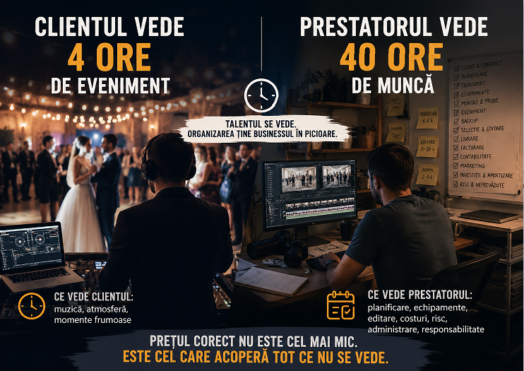 Clientul vede 4 ore de eveniment. Prestatorul vede 40 de ore de muncă