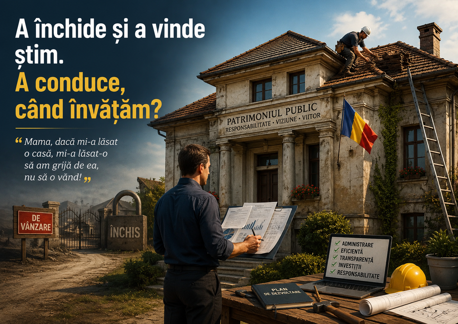 Două verbe — a închide și a vinde. Al treilea verb, a conduce, lipsește din vocabular